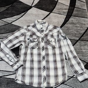 BKE SLIM-FIT PLAID EMBROIDERED SNAP-BUTTON SLOT POCKETS LONG-SLEEVED SHIRT